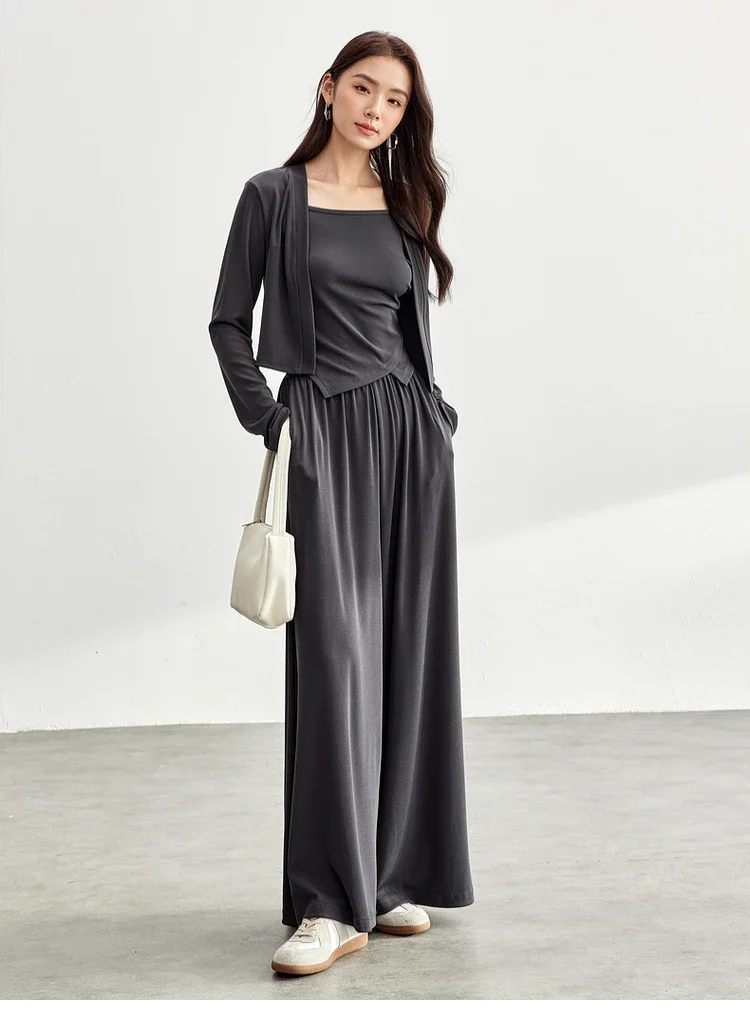 

SENTUBILA Women's Pant Sets 2025 New Irregular Folds Vest Top Knitted Crop Cardigan High-waist Wide Leg Pant New Set 151Z58202