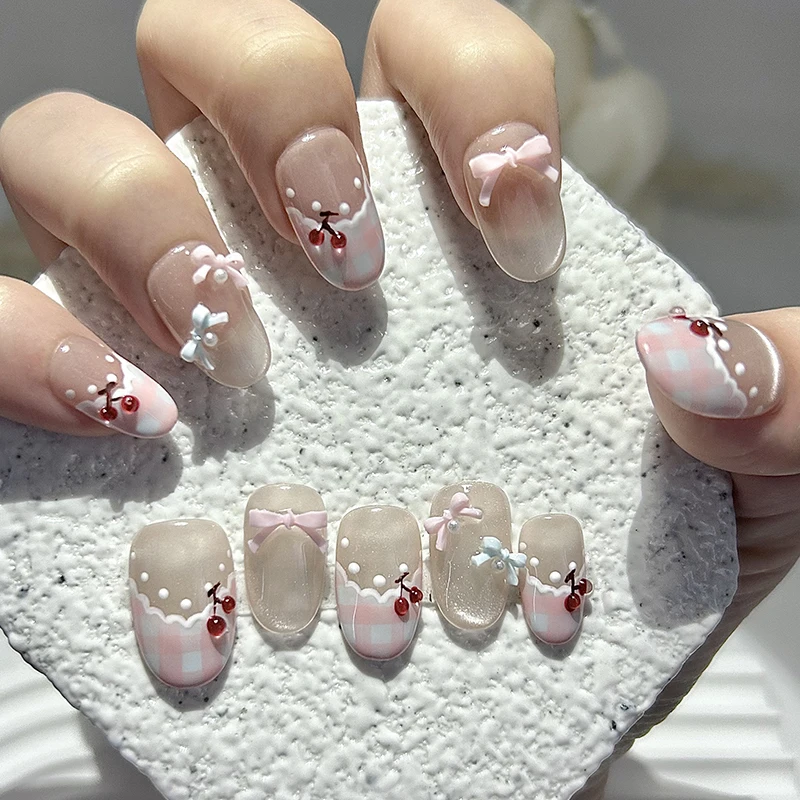 

10 Pieces Little Fresh Cute French Cat Eye Handmade Press On Nails Lace Plaid Cherry Fake Nails Removable Reusable