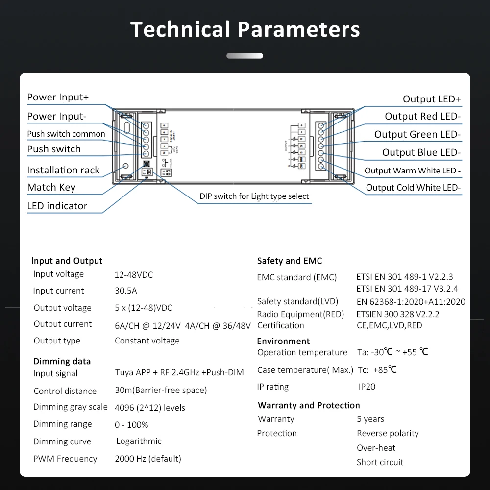 Tuya Alexa Google Home Smart LED Strip Controller RGB CCT RGBW Single Color Dimmer DC 12V 24V 36V 48V WIFI Voice Control V5-L