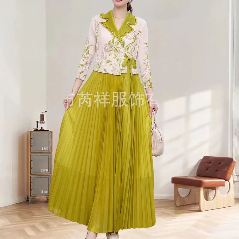 

Miyake Pleated Skirt Suit Plisse Suit Collar 2025 Summer New Skinny Fold Senior Sense New Printing Pleat Beading Tie Pleats Suit