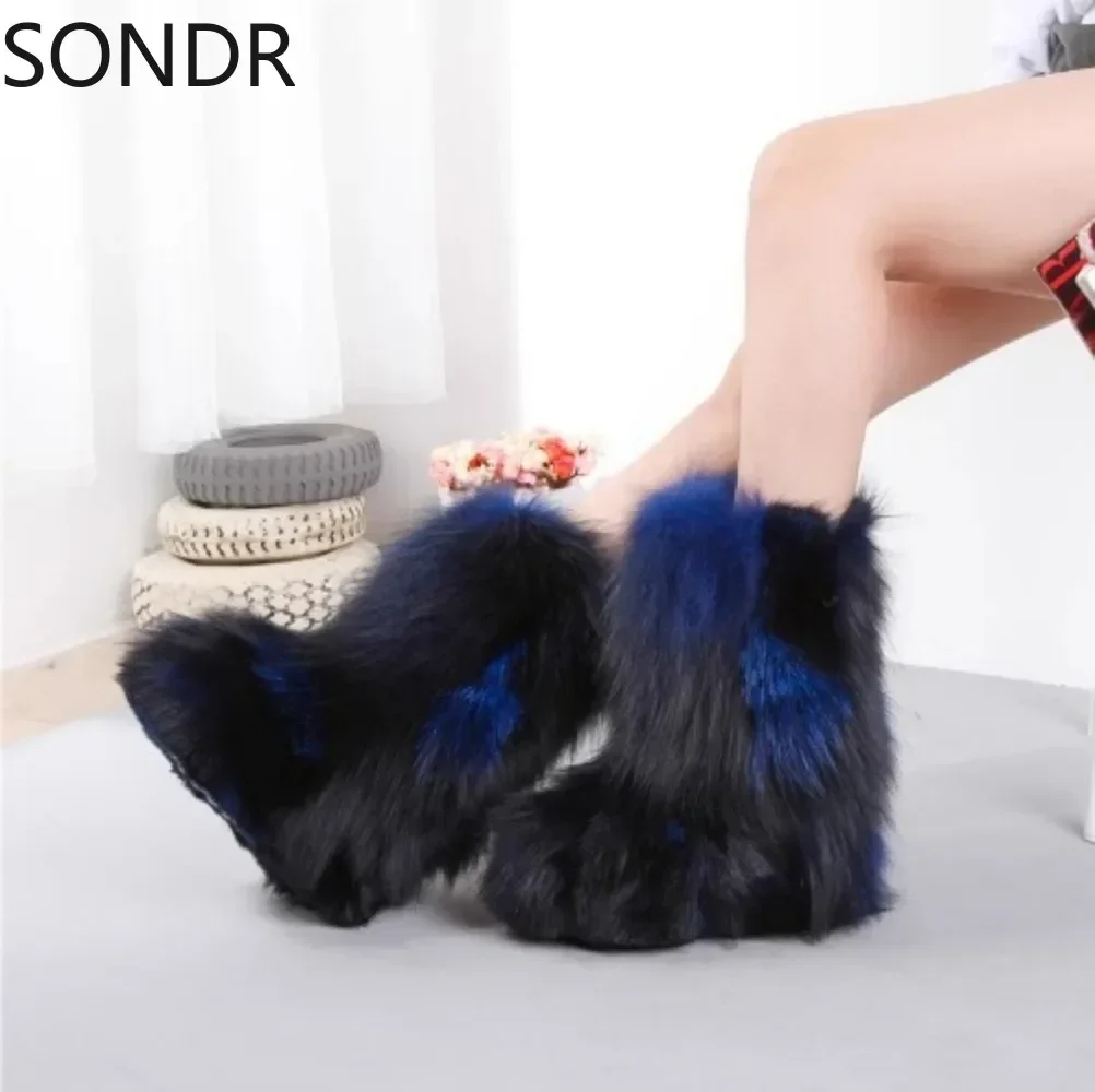 Womens Round Toe Mid Calf Boots Real Arctic Fox Fur Furry Hidden Heel Warm Winter Snow Shoes Thick Match Colors