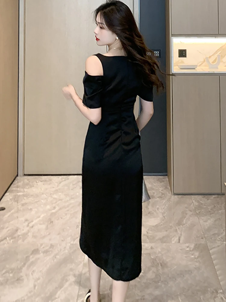 Robe en Satin noir Chic, épaules dénudées, Sexy, écharpe, Vintage coréen, Hepburn, vêtements de bal, été, élégante, robe de nuit de luxe, 2025