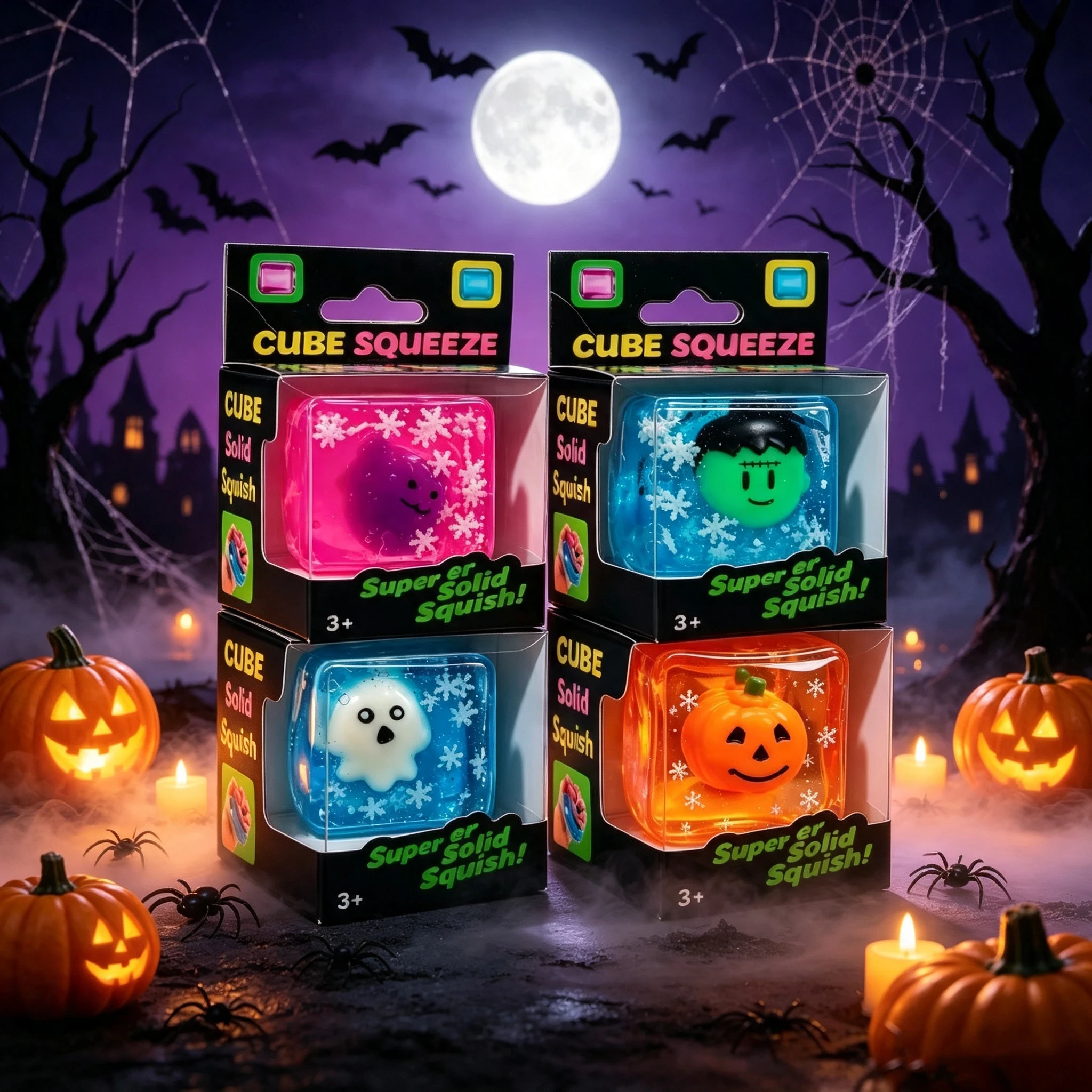 2026 New Luminous Halloween Spooky Squishy Cubes, Cartoon Characters Soft Squeeze ASMR Decompression Party Favor Gifts 1