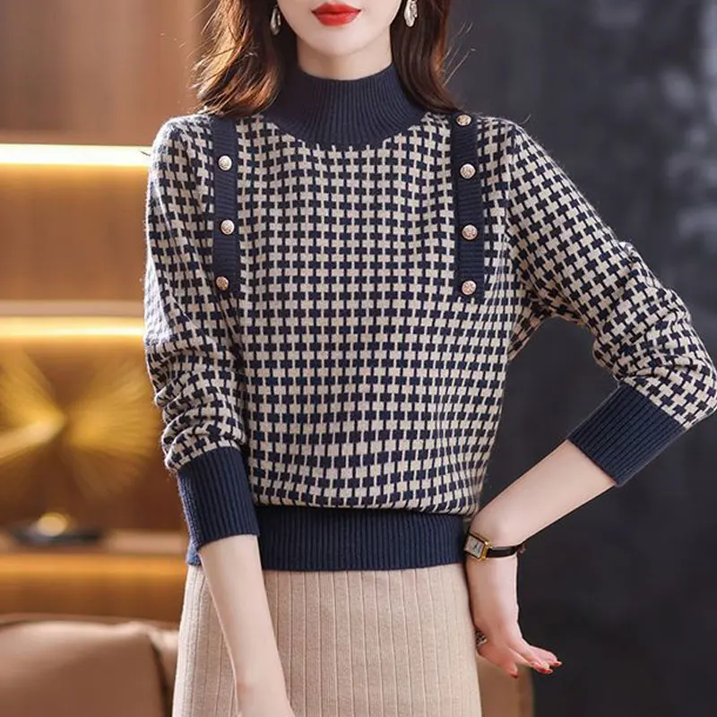 Vintage Plaid Contrasting Colors Knitted Jumpers Women's Clothing Korean Loose Patchwork Button Casual Half High Collar Sweaters