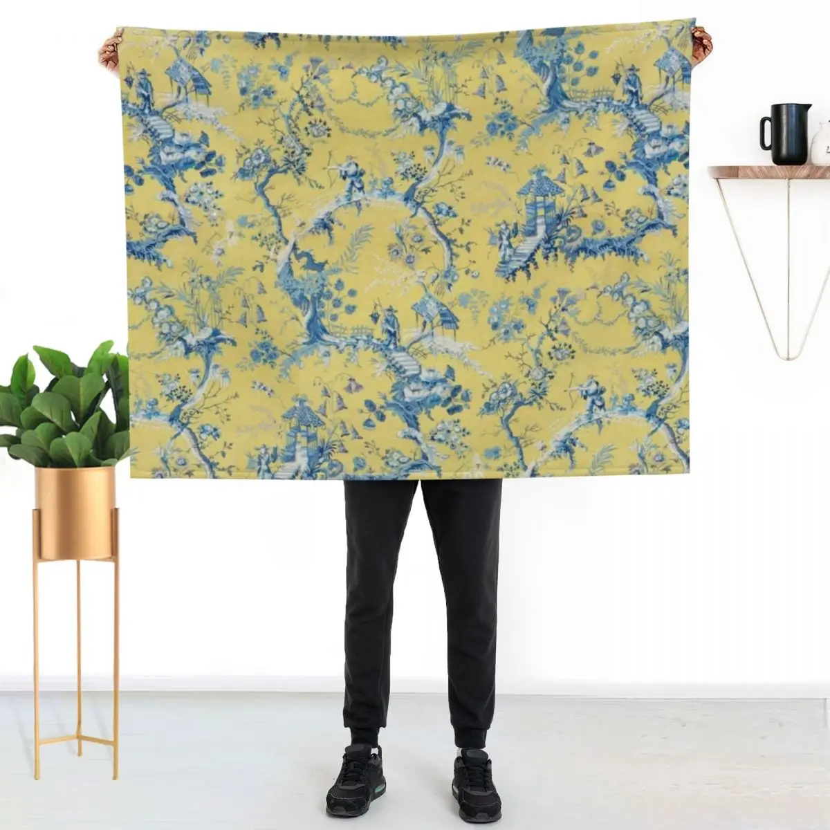 Blue and Yellow Toile Throw Blanket Multi-Purpose Heavy Plush Furrys Thins valentine gift ideas Blankets