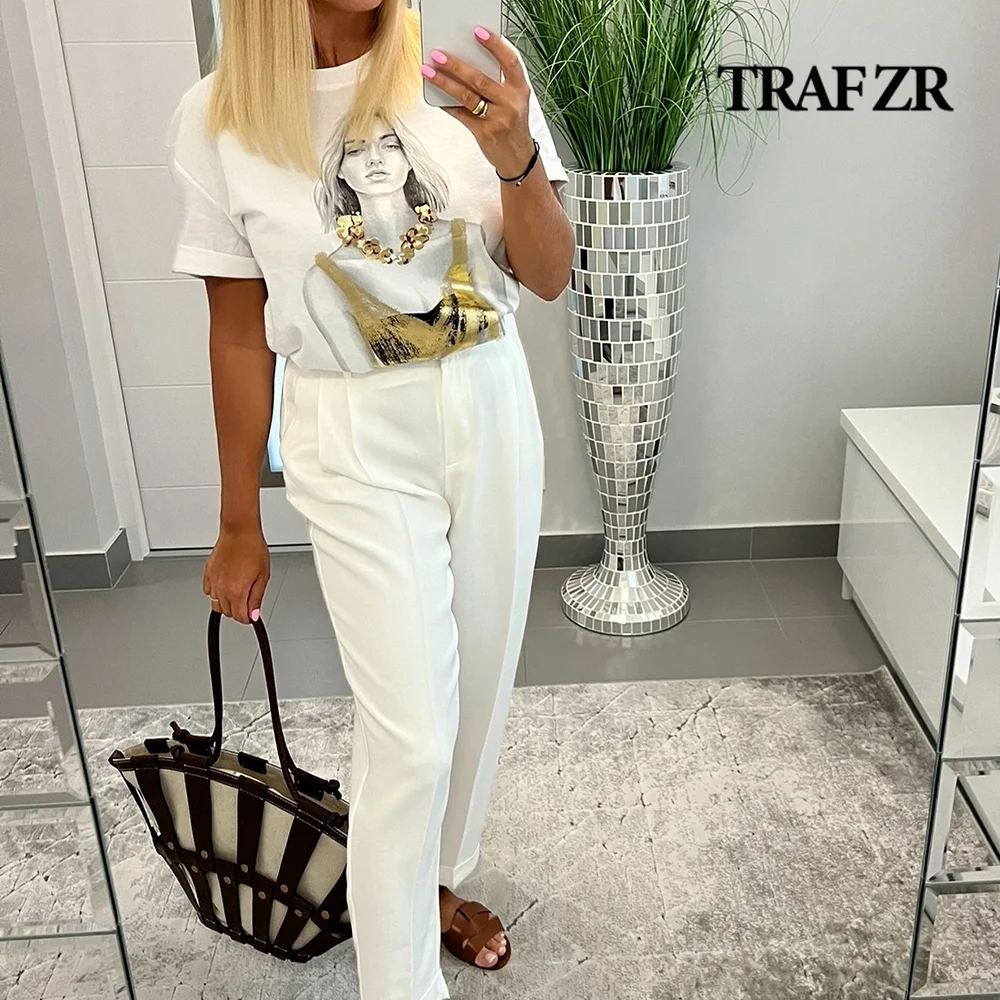 TRAF ZR Woman 2024 COTTON Tees Metallic Style Printing T-shirt Aesthetic Women's T-shirts Kpop Tops O-NECK Short Sleeve Tee Y2K