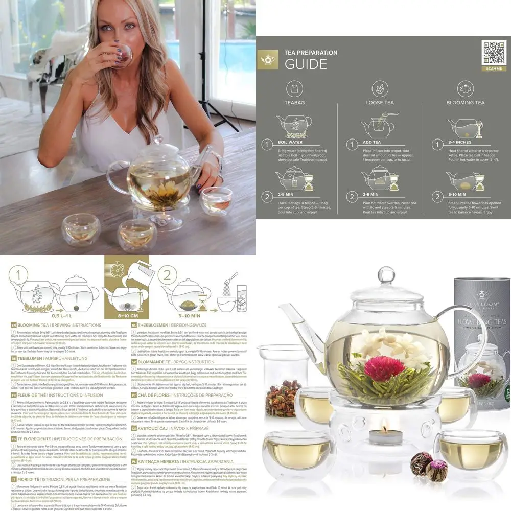 

Elegant Glass Tea Set: 40 oz Teapot, Infuser, 4 Cups, Warmer, Candle, 12 Blooming Teas