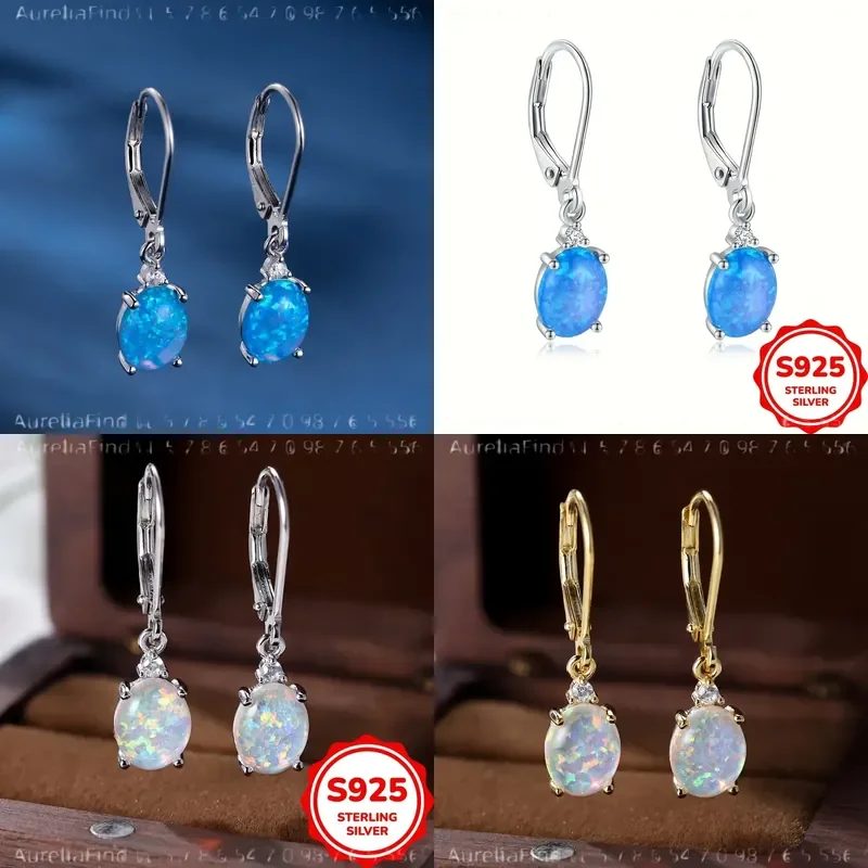 S925 Sterling Silver Round Cut Green Fire Opal Dangle Earrings Rhodium Plated Leverback Gemstone Drop Earrings for Women 2.2g