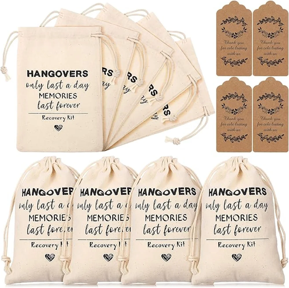 20 Pcs Cotton Muslin Party Favor Wedding Bag 4 x 6 Inch Hangover Bachelorette Bags Drawstring Survival Recovery Kit Bag with Gif