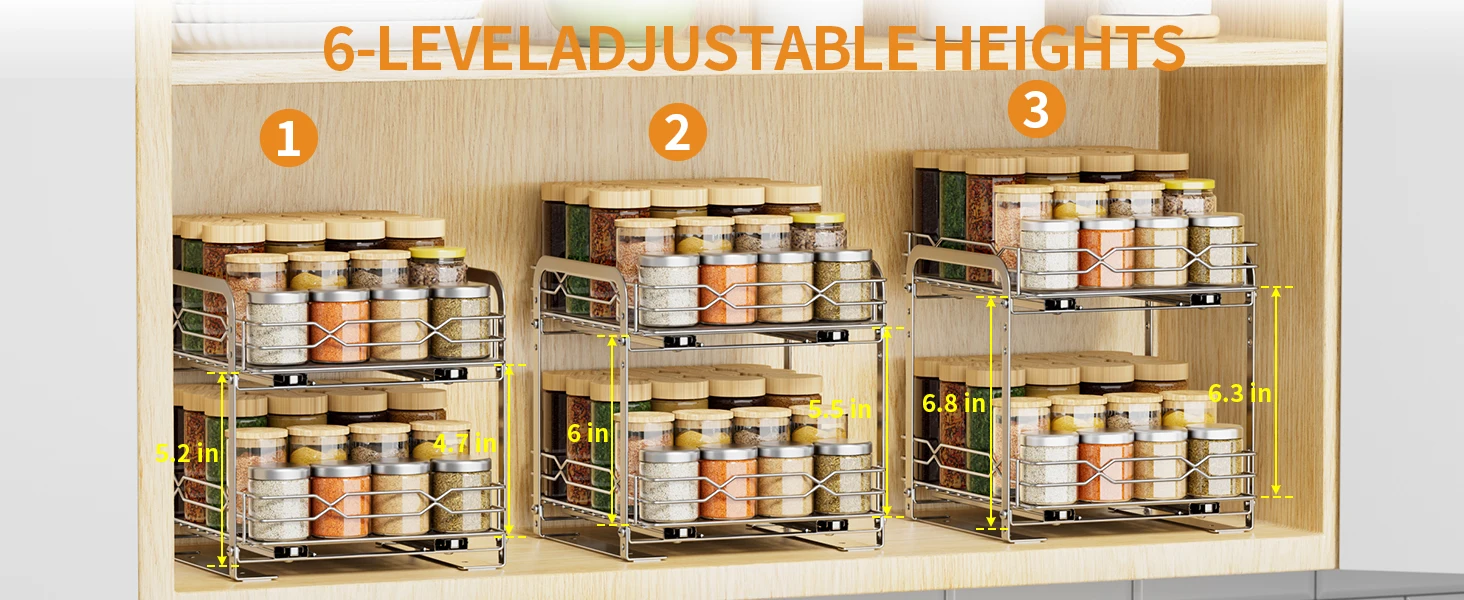 Verstellbares 2-stufiges Gewürzregal für Schränke, robustes, ausziehbares vertikales Regal für die Höhe im Küchenschrank. – Detail 6