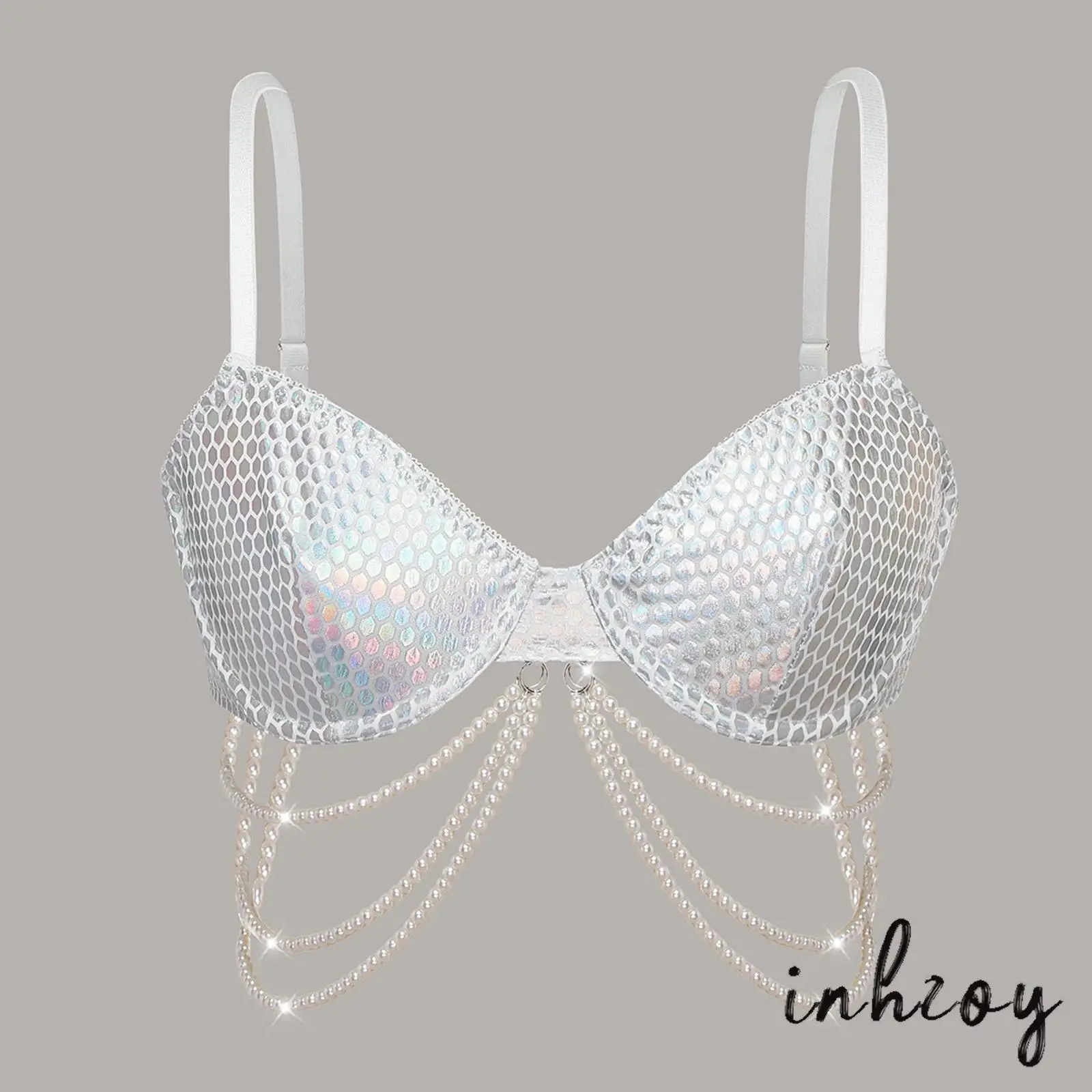 

Womens Faux Pearls Bra Tops Push Up Cup Shiny Chain Tassel Backless Balconette Tank Top for Beach Vacation Pool Party Travel