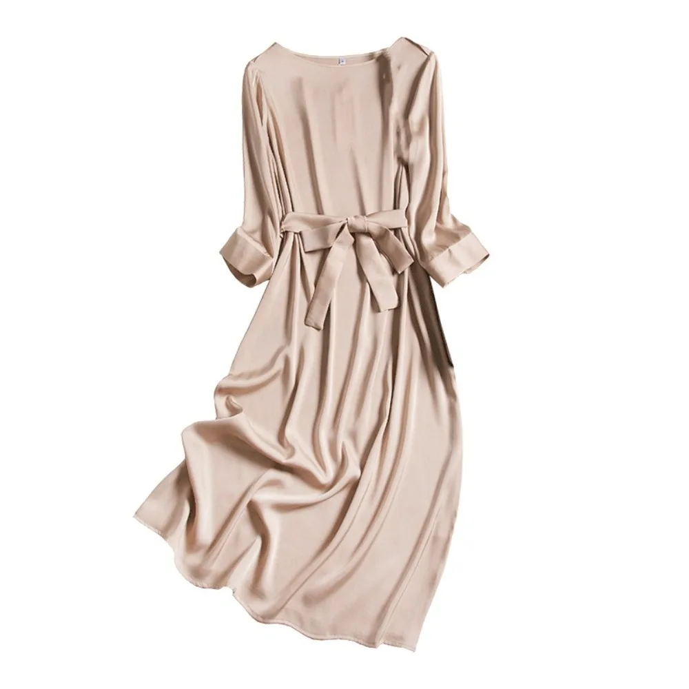Damenbekleidung, 92,8 % natürliche Maulbeerseide, elastischer Satin, französisches Retro-Einhals, modisches, gerades Kleid mit neun Zoll Ärmeln