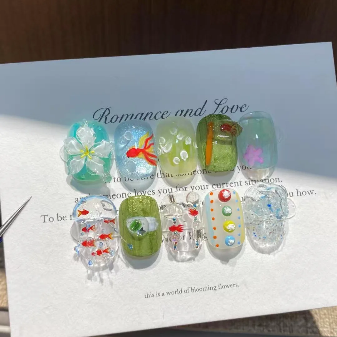 10 Uds. De uñas postizas hechas a mano con diseño de flores talladas en 3d, color verde fresco, Ins, uñas postizas de verano
