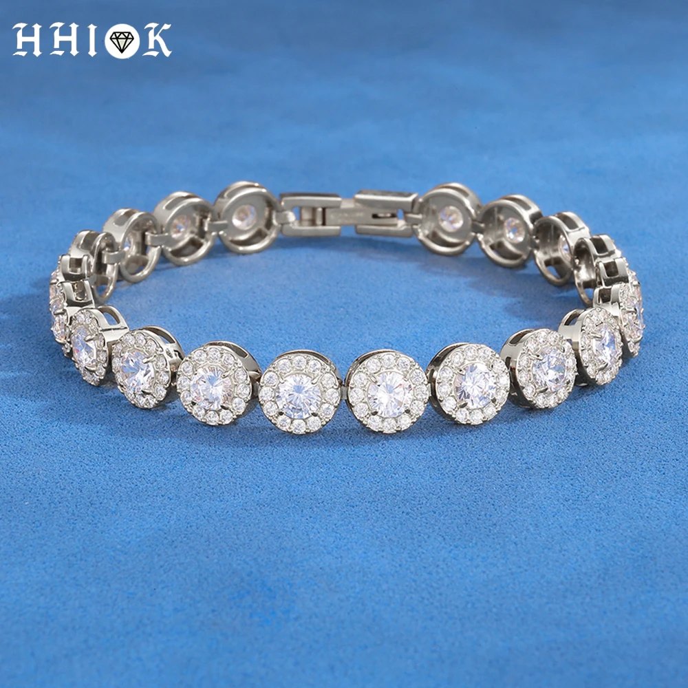 HHIOK Fine 7mm Round Halo Cubic Zirconia Tennis Bracelet Stainless Steel Iced Out Waterproof Hip Hop Jewelry Gift for Men Women