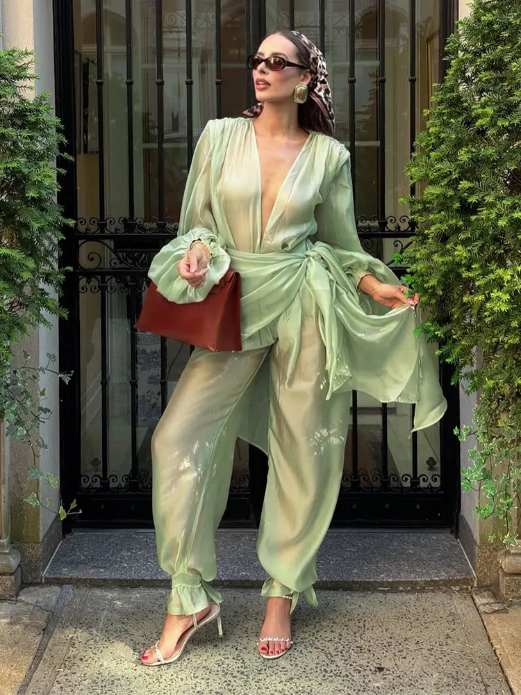 Schal-Stil, tiefer V-Ausschnitt, durchsichtiger Overall für Damen, sexy, lange Ärmel, mit Schnürung, schmale Jumpsuits, transparente Damen-Partykleidung – Detail 2