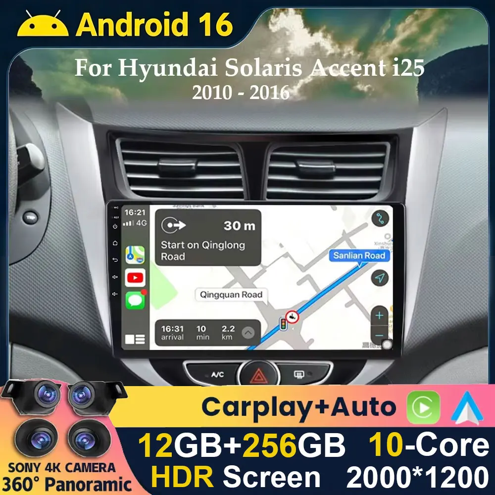 Android 16 Wireless CarPlay Android Auto Radio for Hyundai Solaris Accent i25 2010 - 2016 4G Car Multimedia GPS AI Voice No 2din
