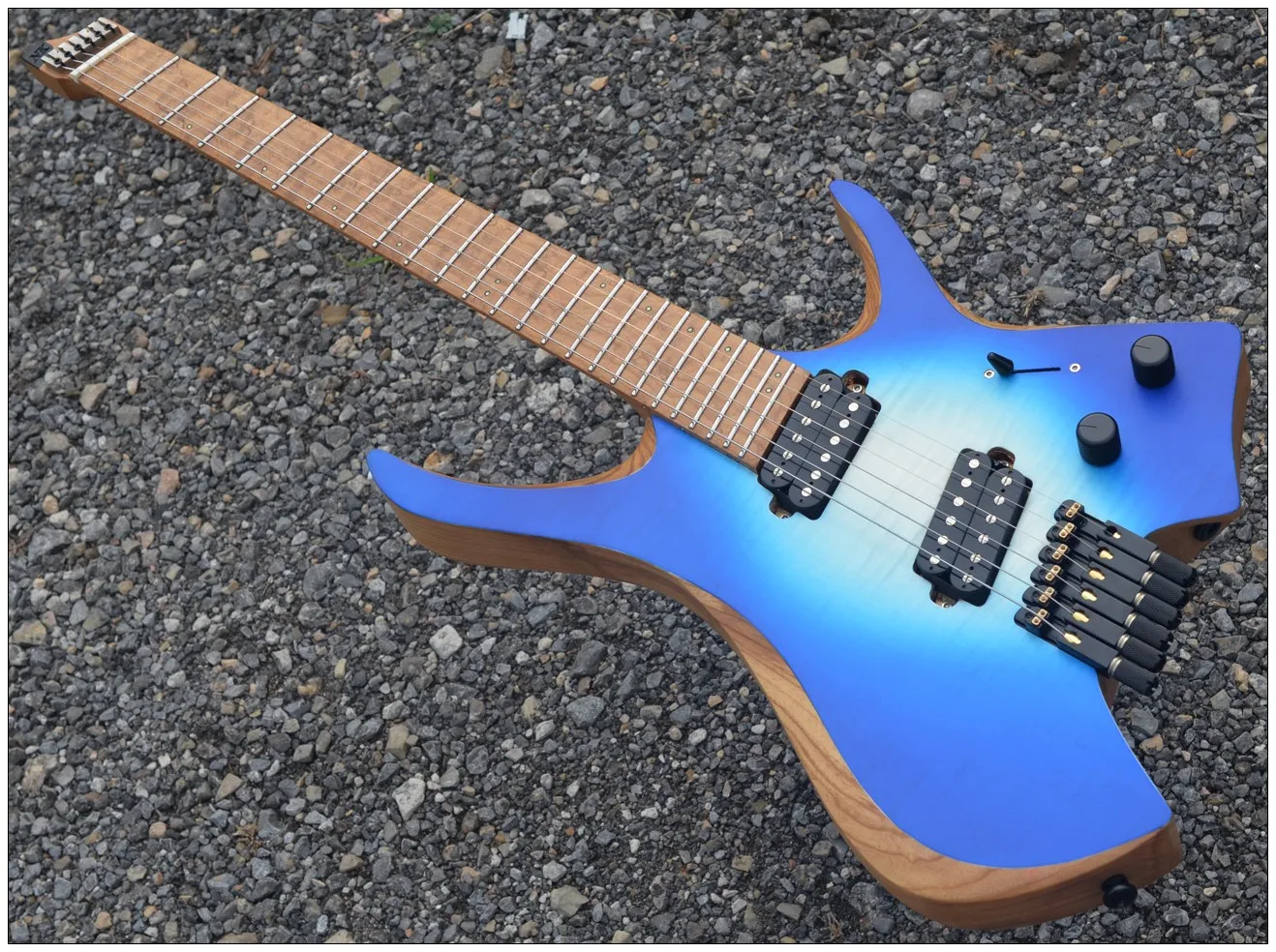 

2024 Fanned frets 6 Strings Headless Electric Guitar blue color maple fretboard HH pickups maple neck ASH wood body