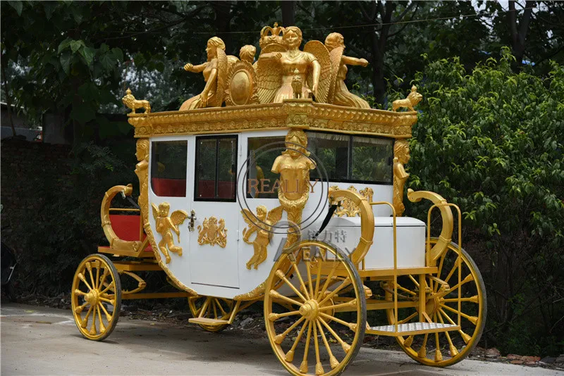 Royal Wedding Electric And Non Power Horse Drawn Carriage Golden Color City Tour  Sculpture Horse Carriage On Sale