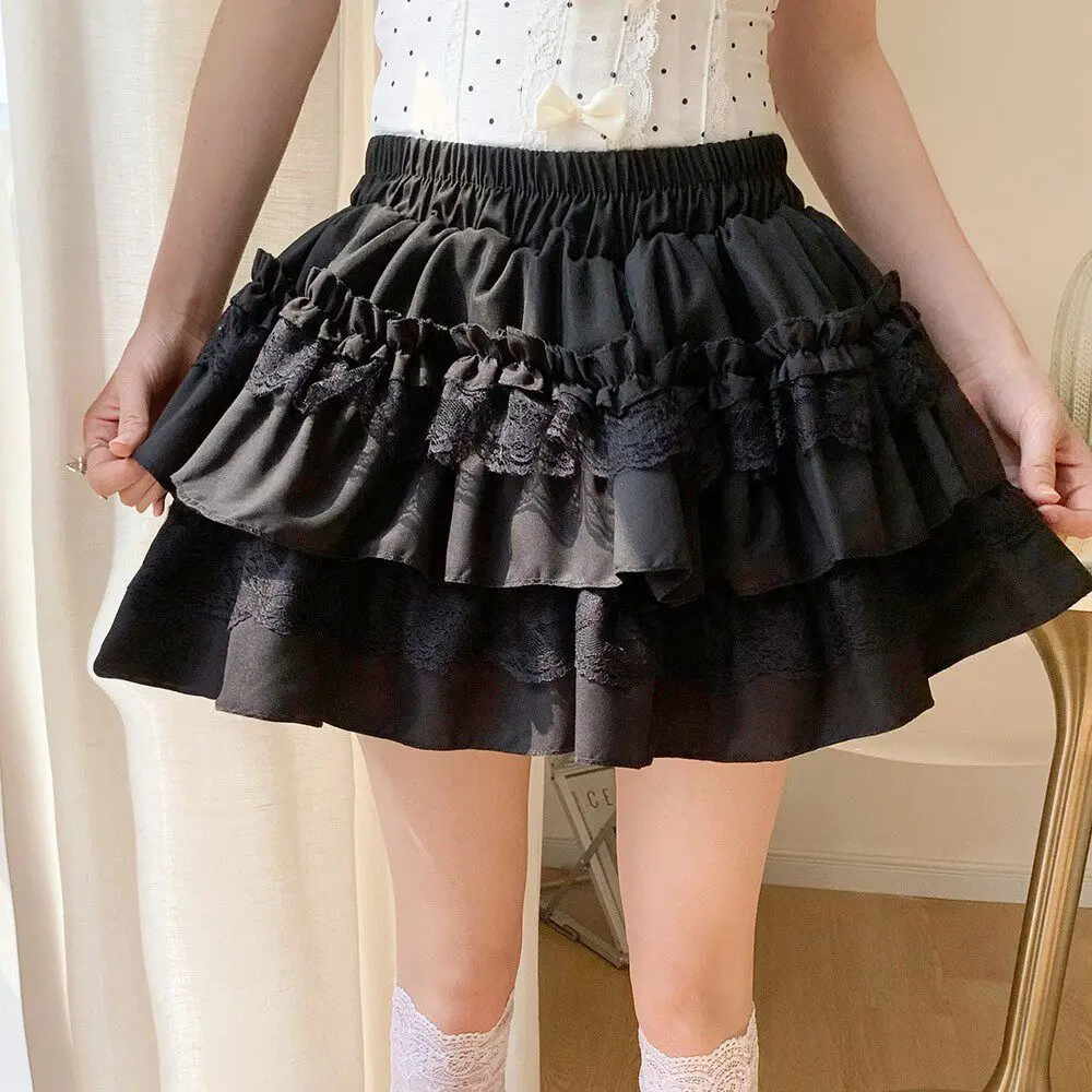 Sweet Lace Ruffle A-Line Mini Skirt High Waist Fluffy Cake Skirts Short Skirt Casual Lolita Safety Shorts Pants Gothic Punk Y2K