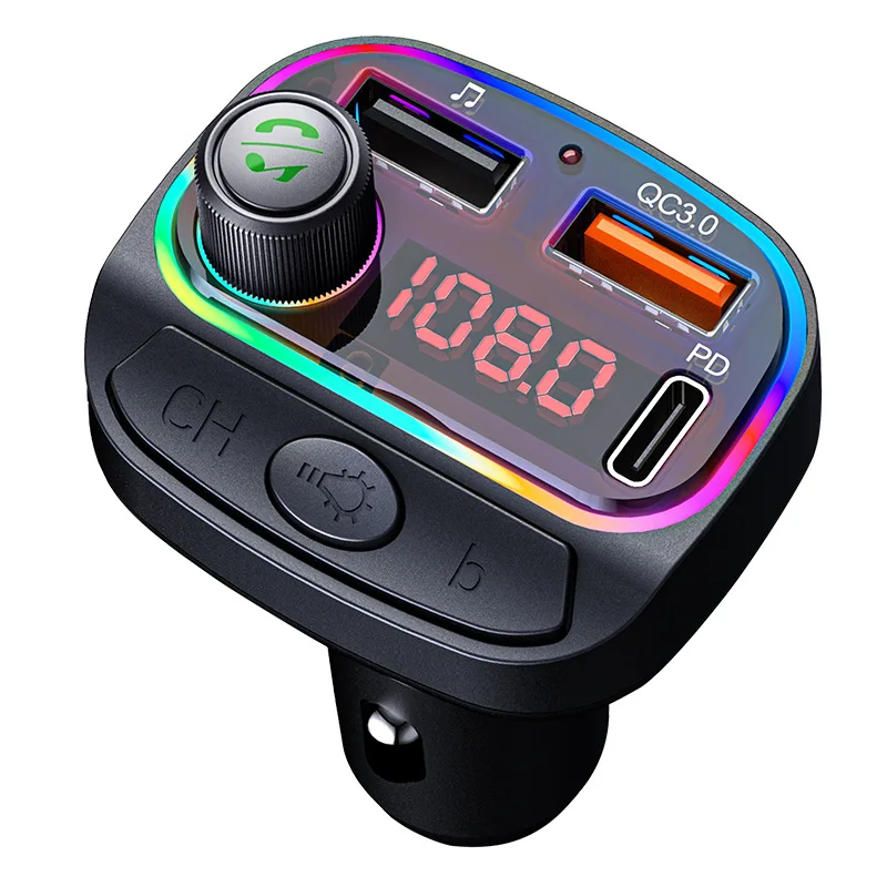 C14/C15 Bluetooth 5.0 Car FM Transmitter Type-C Dual USB Ambient Player MP3 Charger Type-C Wireless Light Handsfree PD QC3.0