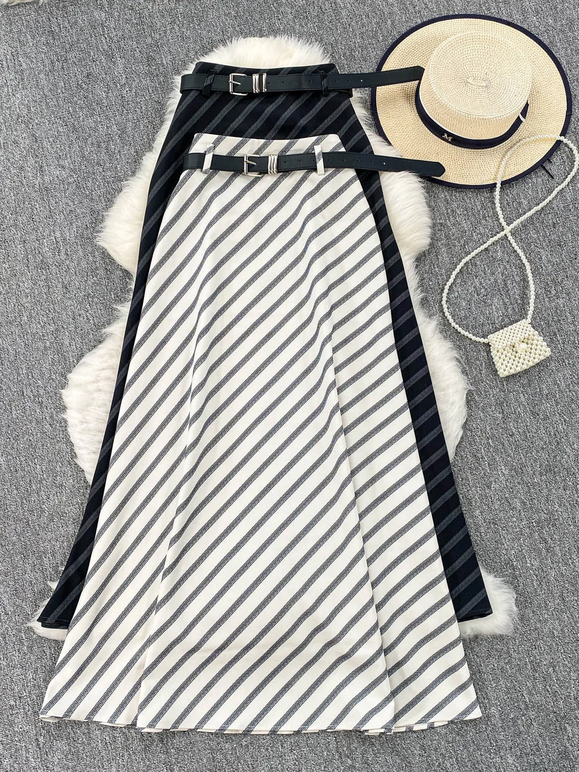 Falda Midi Nea a Rayas para Mujer, Verano 2025, Nueva, Cintura Alta, Corte en A, con Cinturón, Estilo Coreano, para el Trab...