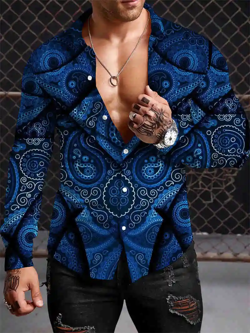 2024 New Fashion 3D Printed Irregular Pattern Men's Shirts Casual Design Collar Long Sleeve Shirt Retro Men's Clothing Tops
