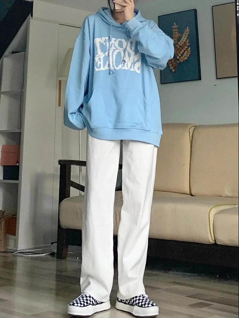 Jeans a gamba larga a vita alta da donna taglie forti Pantaloni larghi bianchi dal taglio dritto Autunno Faion Casual Comodo lunghezza fino al pavimento