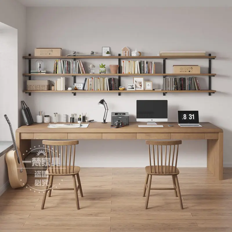 Double solid wood desk with drawers Simple household log computer Desktop table American children's