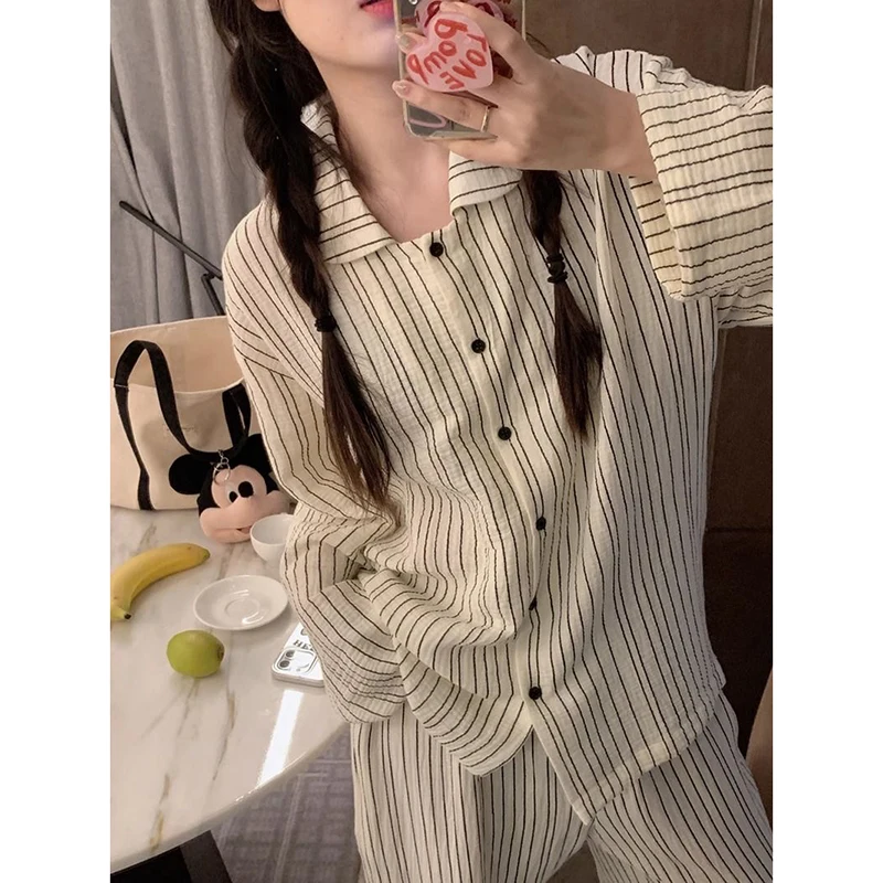 Striped Sleepwear Women Pajama Sets Casual Piiama Korean Pants Sets for Women 2 Pieces Button Night Wears Autumn Home Suit New