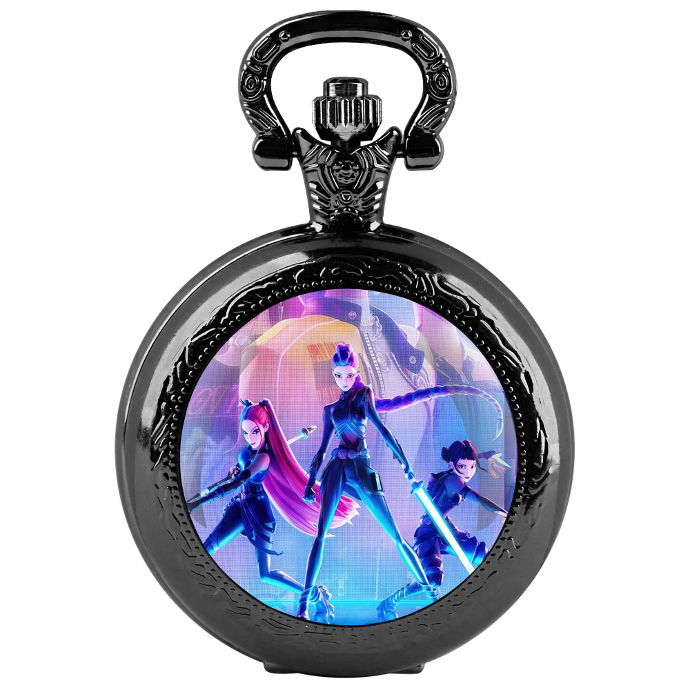 K-Pop: Demon Hunters Glass-Dome Quartz Pocket Watch Arabic Dial Chain Spooky Halloween Gift for All