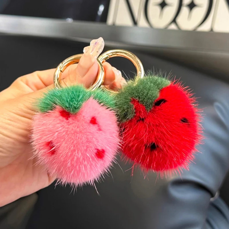 Mini Cute Strawberry Mink Fur Key Chains Plush Ball Toy Women's Bag Charm Ornaments Car Keyring Trinkets Cell Phone Pendant