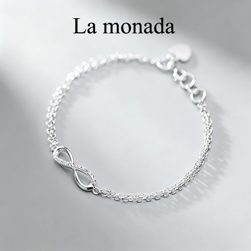 925 Sterling Silver Infinity Bracelet for Women Minimalist Double Layer Chain Design Dainty Zircon Inlaid 8‑Shaped Charm
