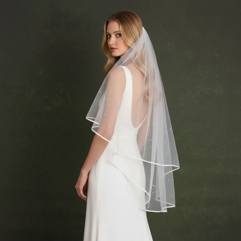 

Изысканная двухслойная фата из тюля для невест, украшенная нежными жемчужинами, создающая элегантный романтический свадебный образ. Модель G97.