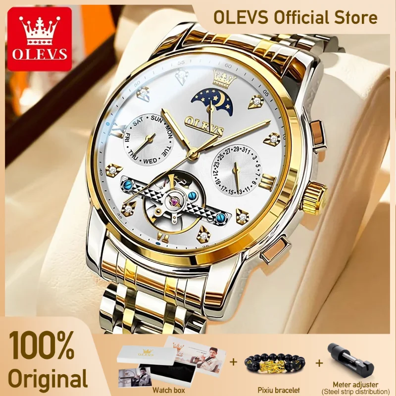 OELVS 6678 Mens Watch Luxury Original Automatic Mechanical Tourbillon Watch For Man Waterproof Luminous Date Week Moon Phase