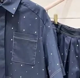 

Women's black denim two-piece suit in 2025, loose lapel short-sleeved shirt or high-waisted A-line skirt