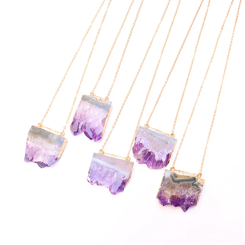 Natural Gem Stone Amethyst Slice Pendant Necklaces Purple Quartz WomenMale Raw Slab Geode for DIY Jewelry Making