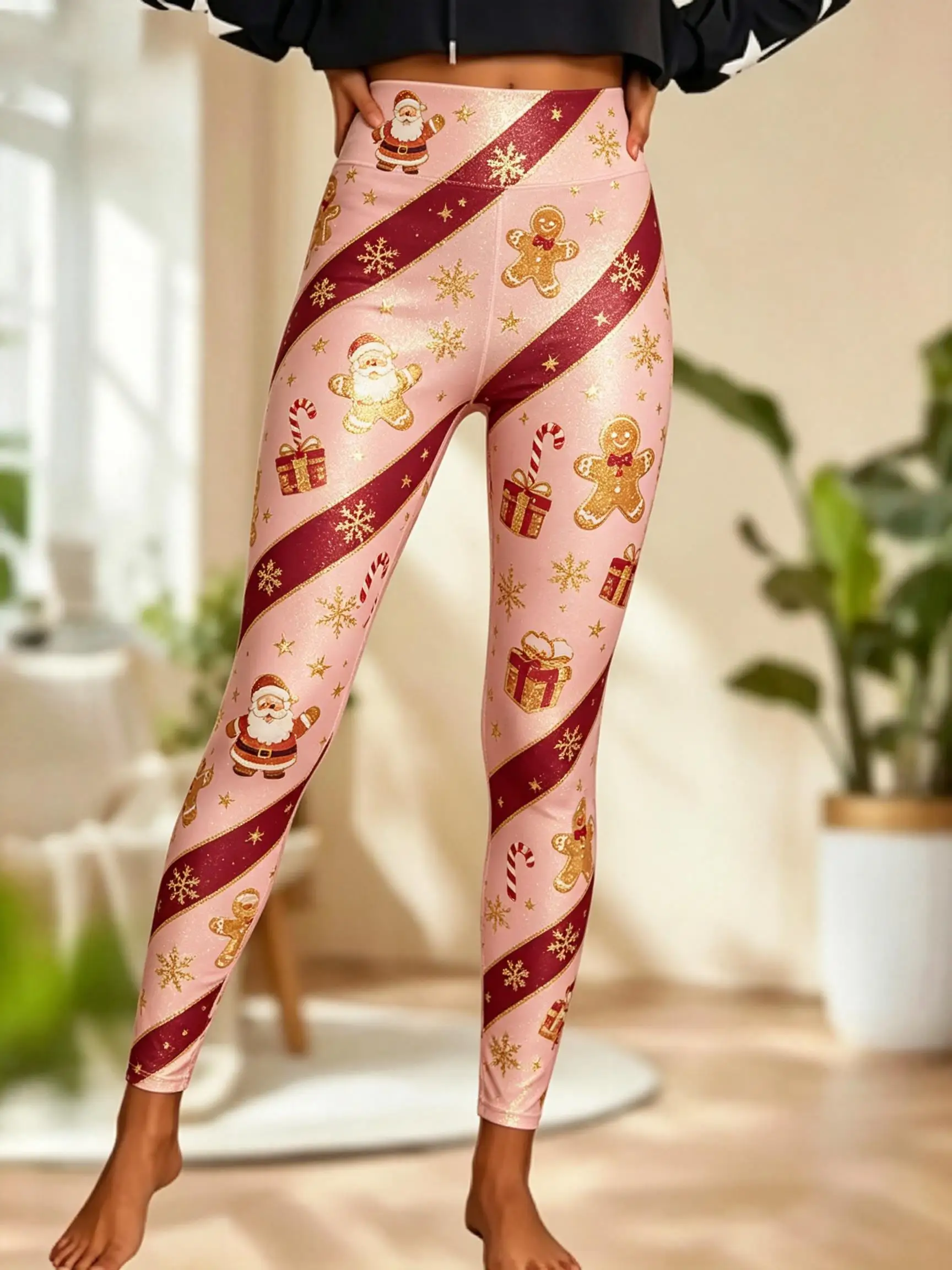 Women Mid Waist Fleece Lined Leggings Christmas Santa Gingerbread Man Gift Candy Cane Print Slim Stretch Holiday Trousers - view 2