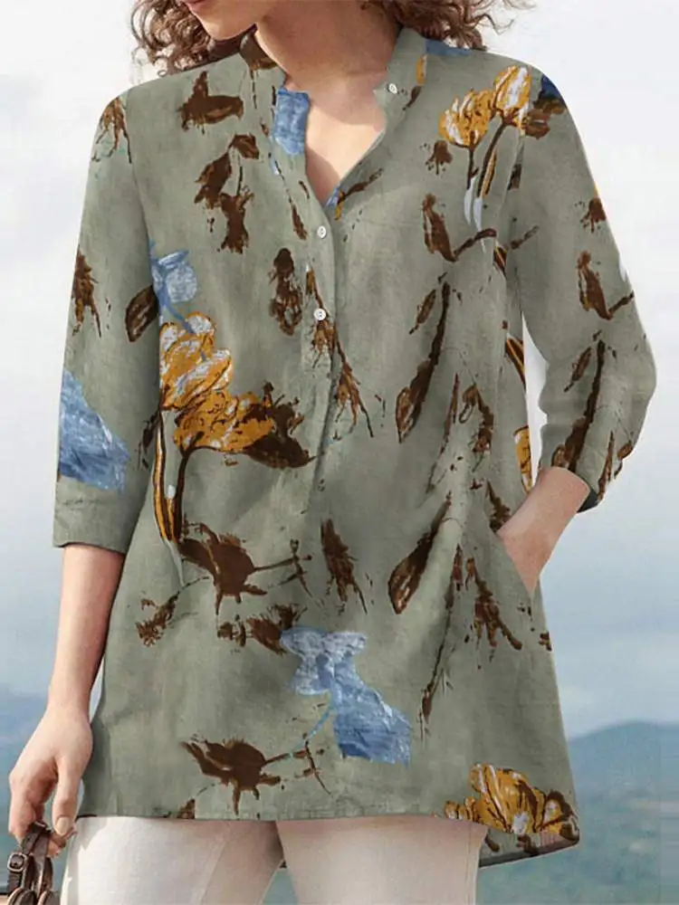 ZANZEA Vintage Floral Printed Blouses Women Autumn Casual 3/4 Sleeve O Neck Bohemian Button Up Shirt Holiday Party Tops Blusas