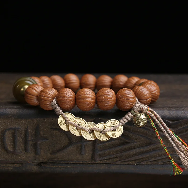 Natural skin, original color, monkey head, walnut, bodhi, literary and playful bracelet, smooth pattern, five emperors' money,