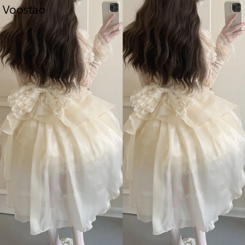 Süße Lolita Prinzessin Jsk Kleid Frauen Harajuku Kawaii Spitze Rüschen Mesh Kuchen Kleider Band niedlichen Trail ing Abend Party Vestidos