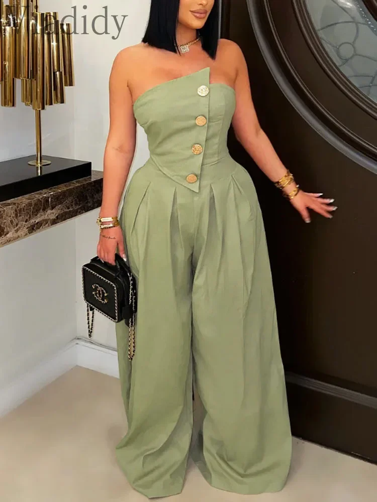 

Женские сексуальные комбинезоны-ромперы без рукавов, с открытой спиной, на пуговицах спереди, однотонные, с широкими штанинами, в стиле бандо