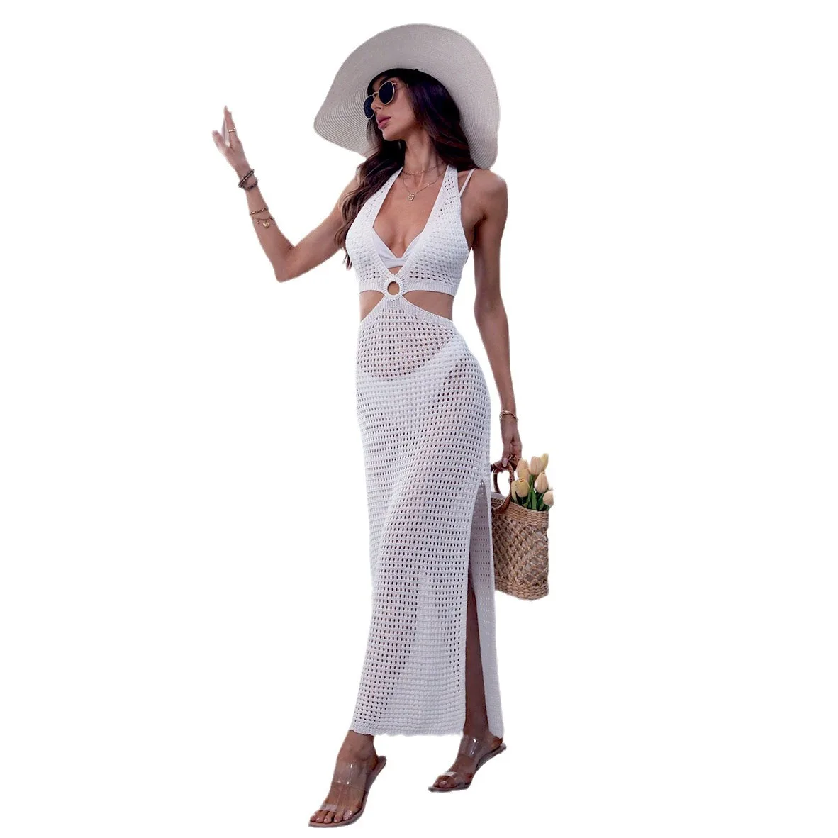Vestido de playa largo sexy de punto de ganchillo dividido sin espalda con cuello en V y cuello halter para mujer Ropa de playa atractiva para vacaciones