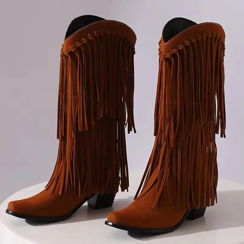 

Women's Knee High Boots Fashion Fringe Winter Shoes Black Red Heeled Long Boot Ladies Party Shoes Large Size 45 New Designer