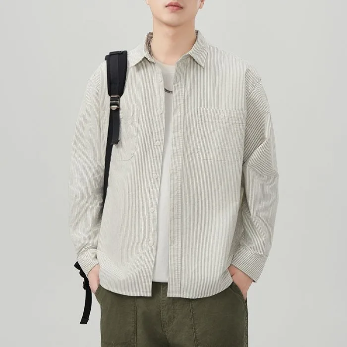 

American Style Striped Long Sleeve Shirt Men Loose Casual Fashion Large Size Premium Feeling Autumn New Arrival Polyester Fiber
