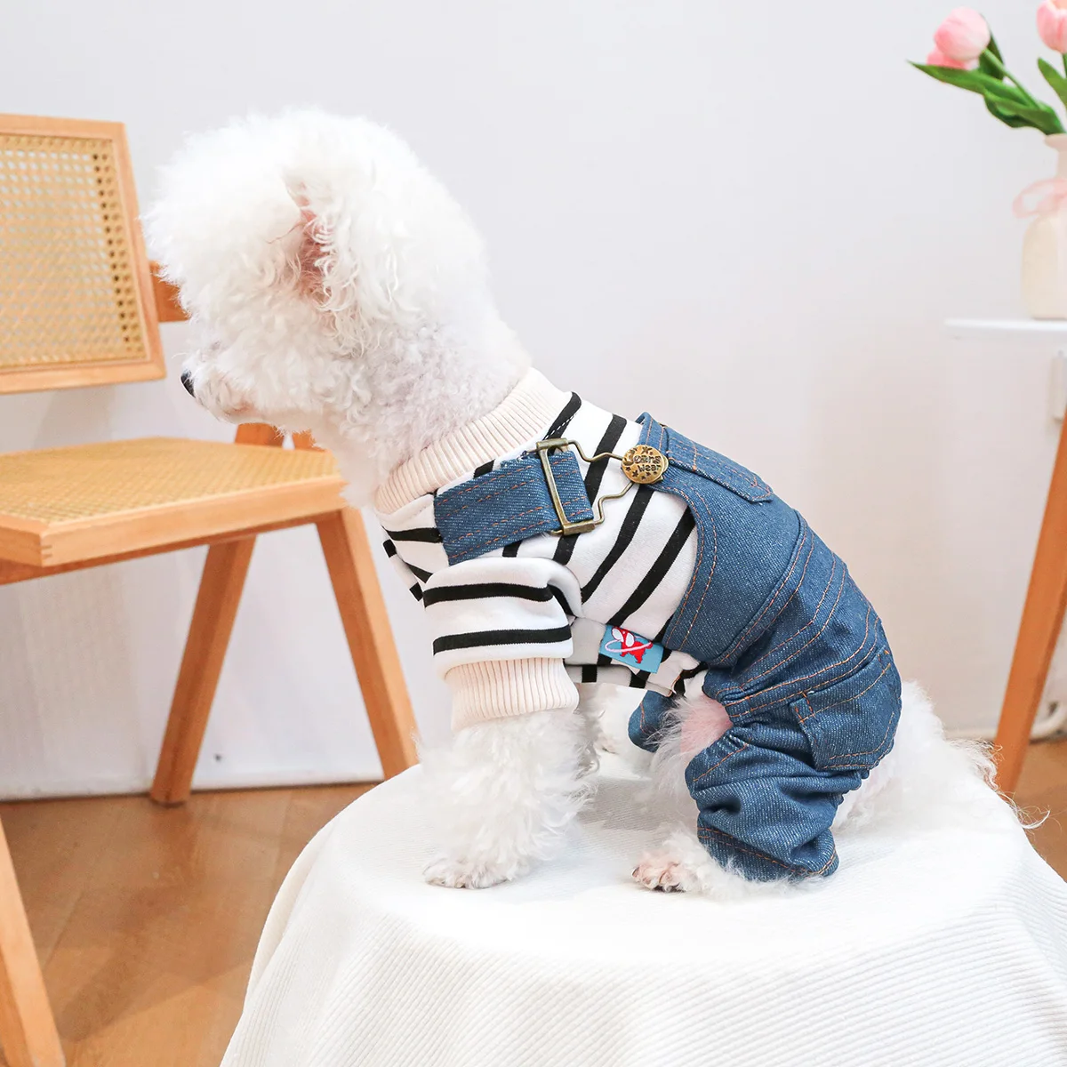 1PC Pet Clothing Spring and Autumn Striped Classic Four Leg Jeans Suitable for Small and Medium sized Dogs