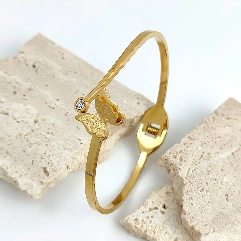 

Stainless steel sand-pressed butterfly lady bracelet, golden dot diamond zircon jewelry, wife's gift