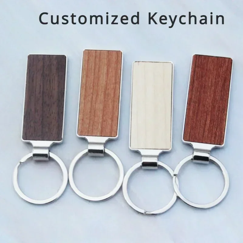 Customized Bamboo Wooden Metal Keychain Blank Walnut Wood Engraved Car Key Chain Personalized DIY Logo Keyring Gift For Firend