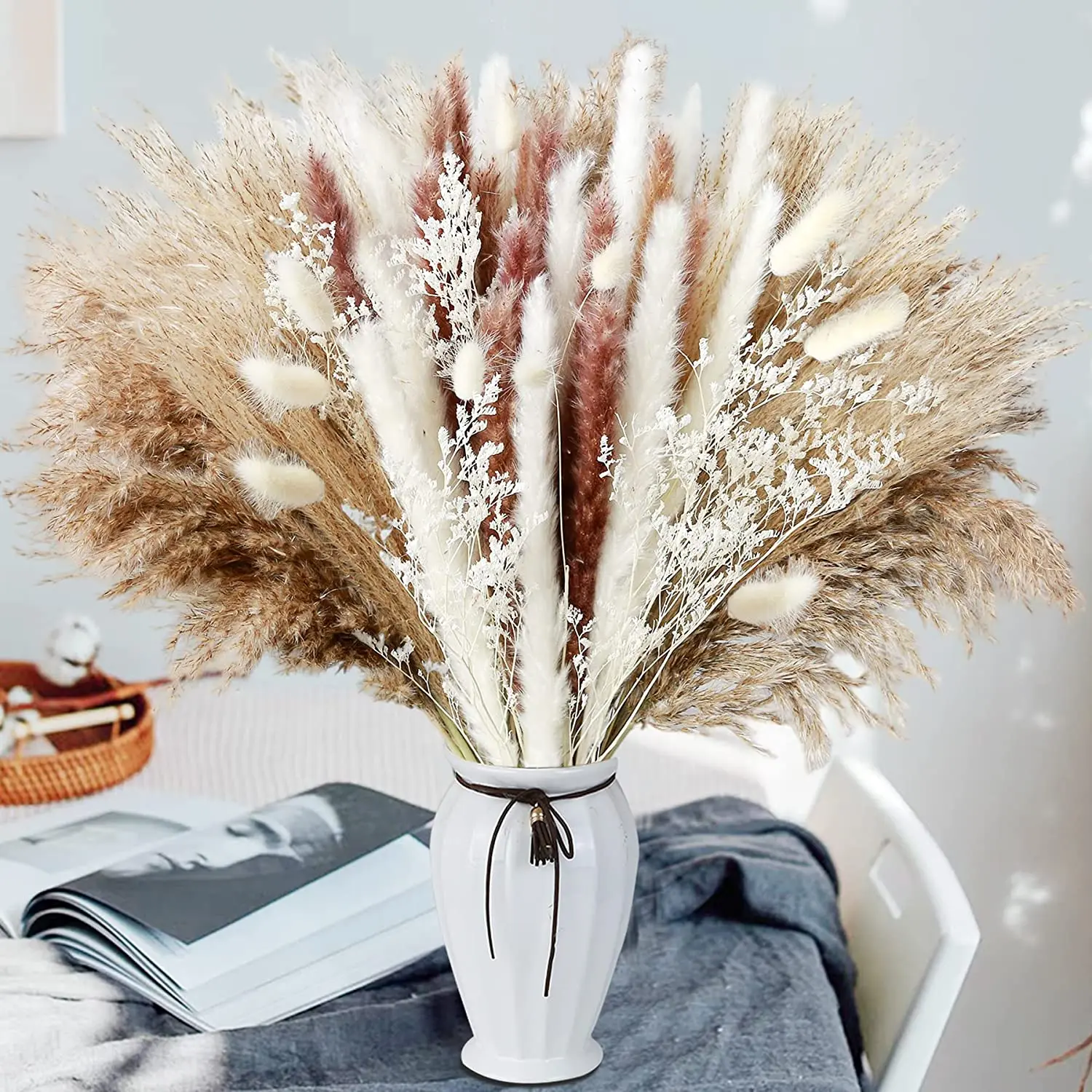 80PCS Natural Dried Pampa Grass Bouquet,Boho Home Decor Bouquet, Phragmites Dried Flowers,Bouquet for Wedding Ramadan Decoration