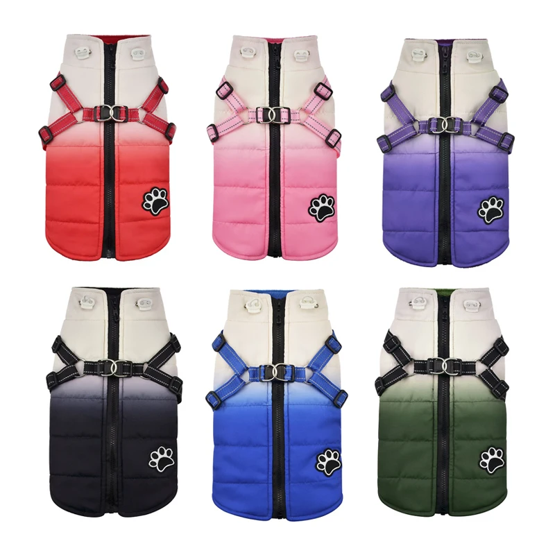 Fashion Color Dog Winter Jacket With Harness Reflective Warm Dog Snow Coat For Small Medium Dogs Cold Weather Vest Outfit