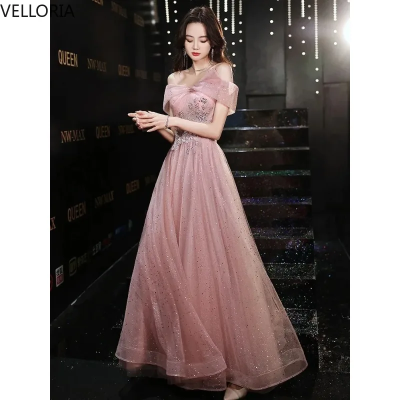 エレガントなピンクのオフショルダーグリッタースパンコールイブニングドレス 2025 高級チュールボールガウンパーティードレス Vestdos De Fiesta カスタマイズ